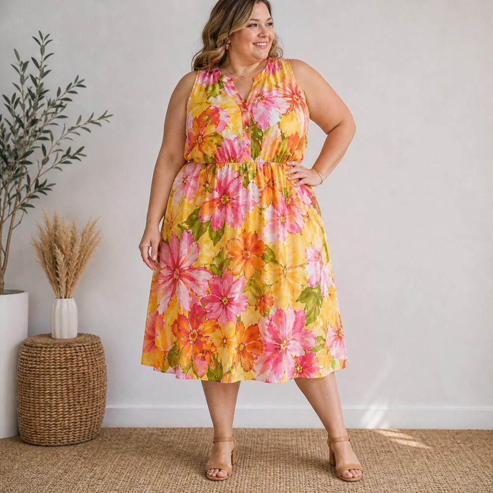 Jones New York Yellow Pink Floral Sleeveless Midi Dress Sz 16